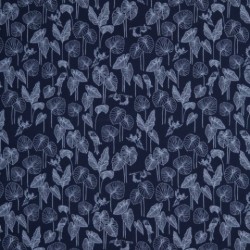 Tissu d'ameublement bleu, feuilles et toucan