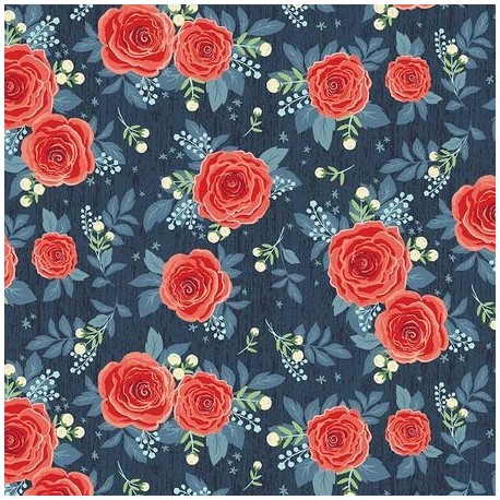 tissu patchwork bleu à fleurs rouge 3023