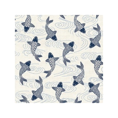 tissu patchwork bleu et blanc impression de poissons koi