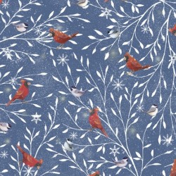 tissu patchwork d'hiver, cardinal oiseaux sur fond bleu