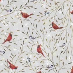 tissu patchwork d'hiver, cardinal oiseaux sur fond gris