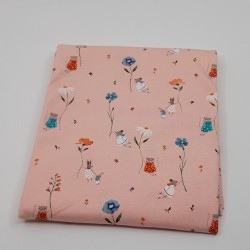 tissu jersey impression de lapins, souris et chats sur fond rose