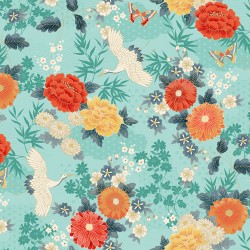 tissu japonais avec des grues et fleurs turquoise