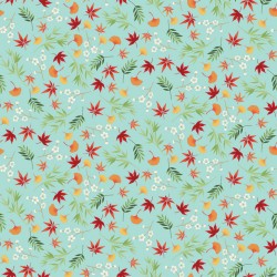 tissu patchwork japonais sur fond turquoise avec des feuilles