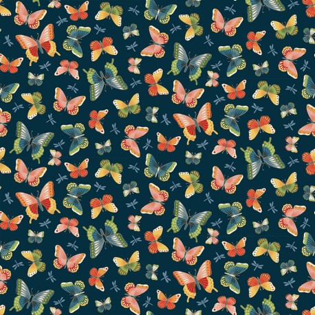 tissu patchwork esprit japonais sur fond foncé avec des papillons
