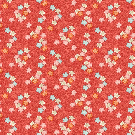 tissu patchwork japonais avec des petites fleurs sur fond rouge