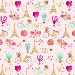 tissu patchwork imprimé tour Eiffel, montgolfières sur fond rosé