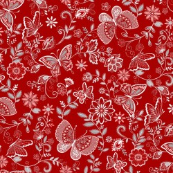 tissu patchwork rouge avec fleurs et papillons
