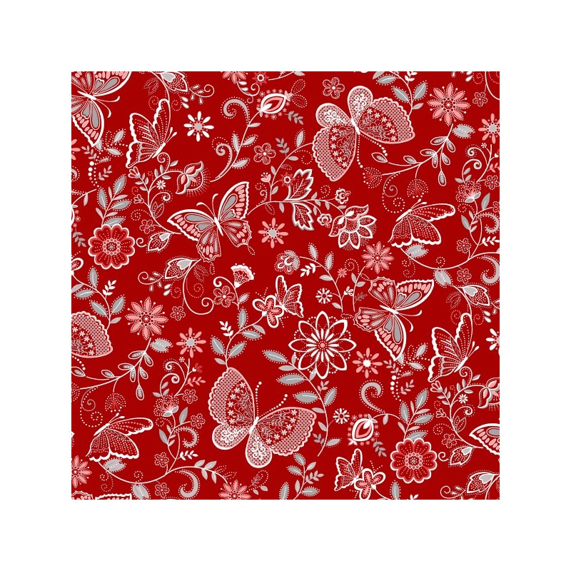 tissu patchwork rouge avec fleurs et papillons