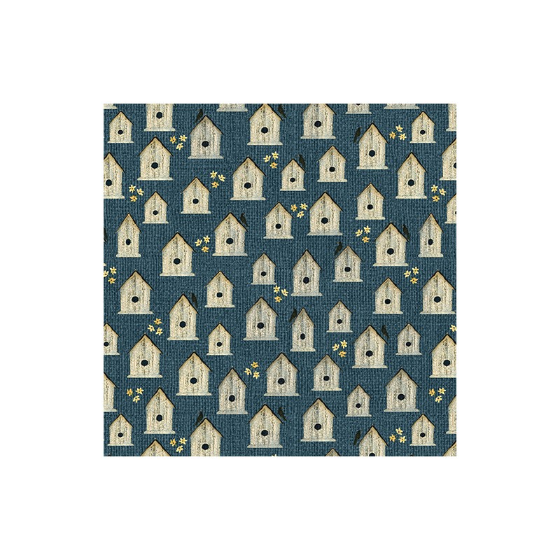 tissu avec des cabanes à oiseaux sur fond bleu, benartex fabrics