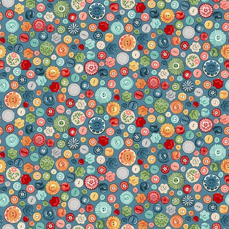 Tissu patchwork imprimé de boutons multicolores sur fond bleu