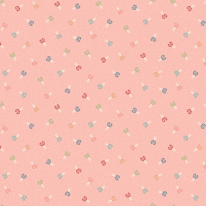 Tissu patchwork imprimé de petits ciseaux sur fond rose