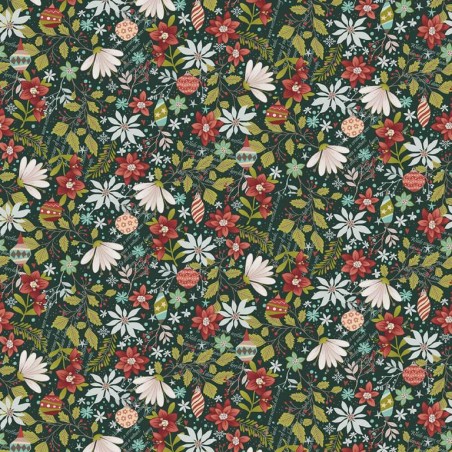 tissu patchwork fleuri poinsettia sur fond vert Janet Rae Nesbitt