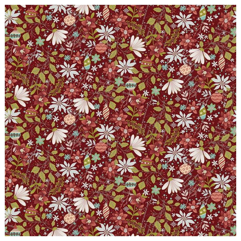 tissu patchwork fleuri poinsettia sur fond rouge Janet Rae Nesbitt