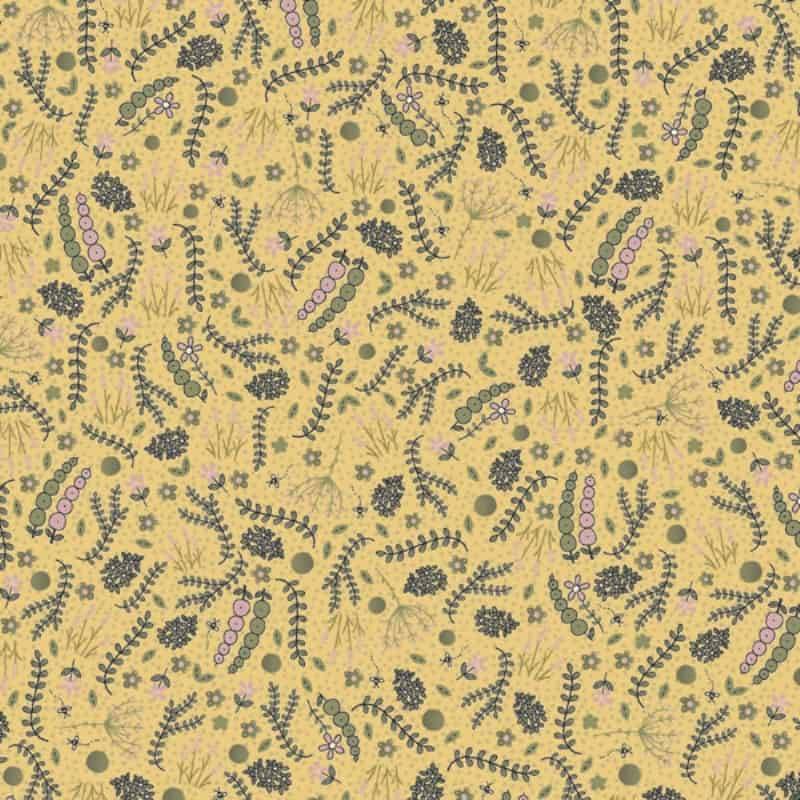 tissu patchwork botanicals de lynette Anderson imprimé grappes de fleurs fond jaune