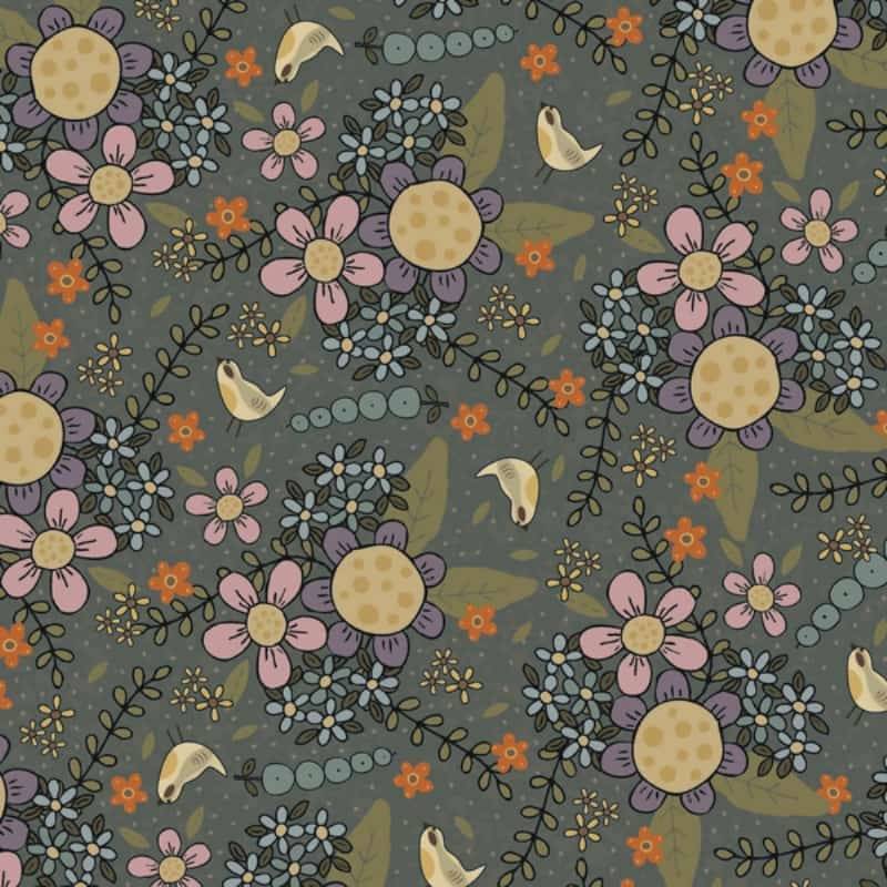 tissu patchwork botanicals de lynette Anderson imprimé oiseaux et fleurs fond vert
