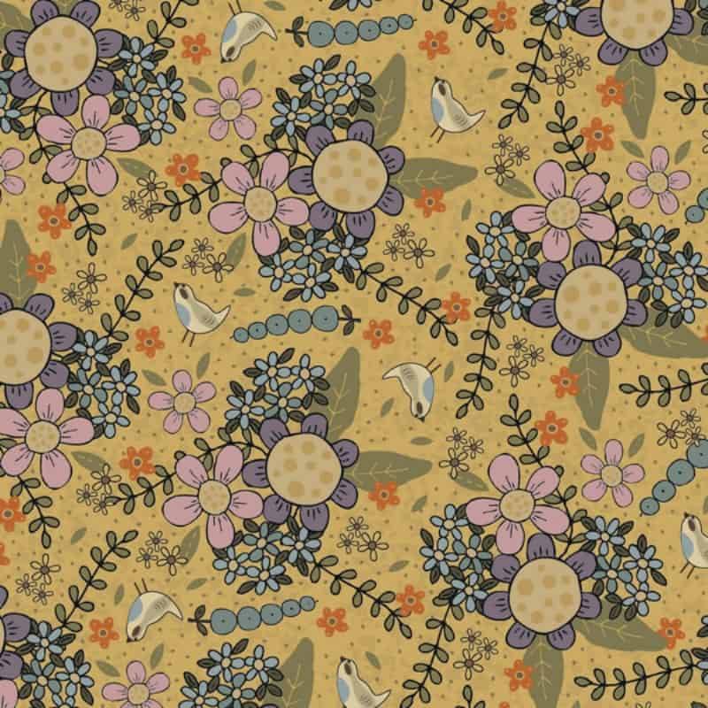 tissu patchwork botanicals de lynette Anderson imprimé oiseaux et fleurs fond jaune