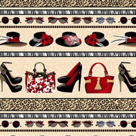 tissu patchwork sur le thème de la mode avec chaussures, lunettes, sacs à main