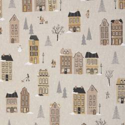 Tissu pour la décoration avec des maisons en hiver sur fond lin