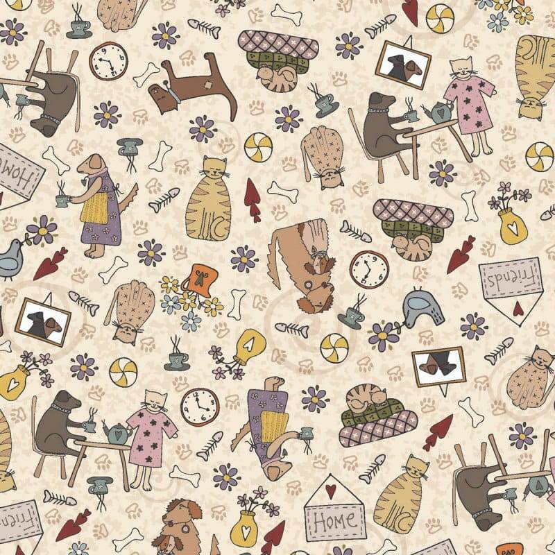 tissu patchwork Lynette Anderson collection good boy and kitty chiens et chats écru