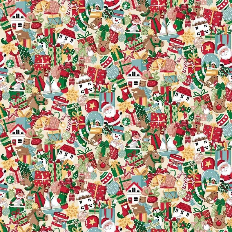 tissu imprimé de petits motifs de noël sur fond crème makower fabrics stocking fillers