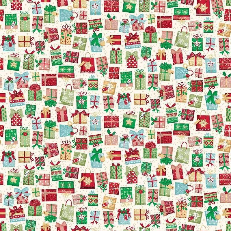 tissu imprimé de petits motifs cadeaux de noël sur fond crème makower fabrics