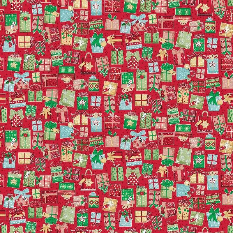 tissu imprimé de petits motifs cadeaux de noël sur fond rouge makower fabrics