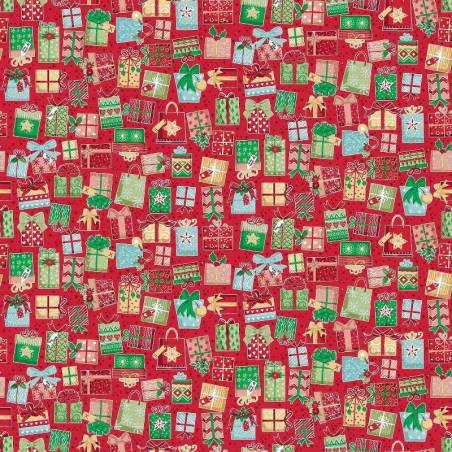 tissu imprimé de petits motifs cadeaux de noël sur fond rouge makower fabrics