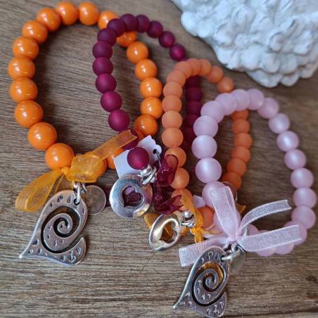 bracelets en perles résine polaris orange, rouge et améthyste claire